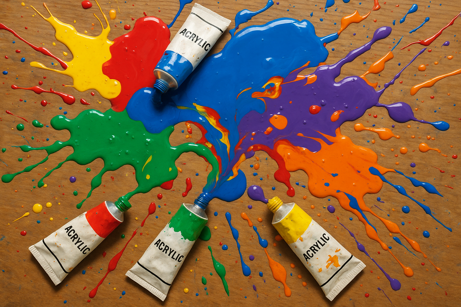 Una mesa con pintura acrílica tirada de diferentes colores